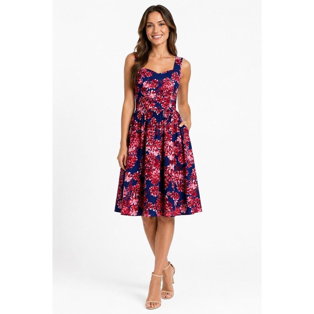 Aryeh Floral Midi Dress L Cottagecore Fit & Flare Navy Pink Red Sleeveless Retro